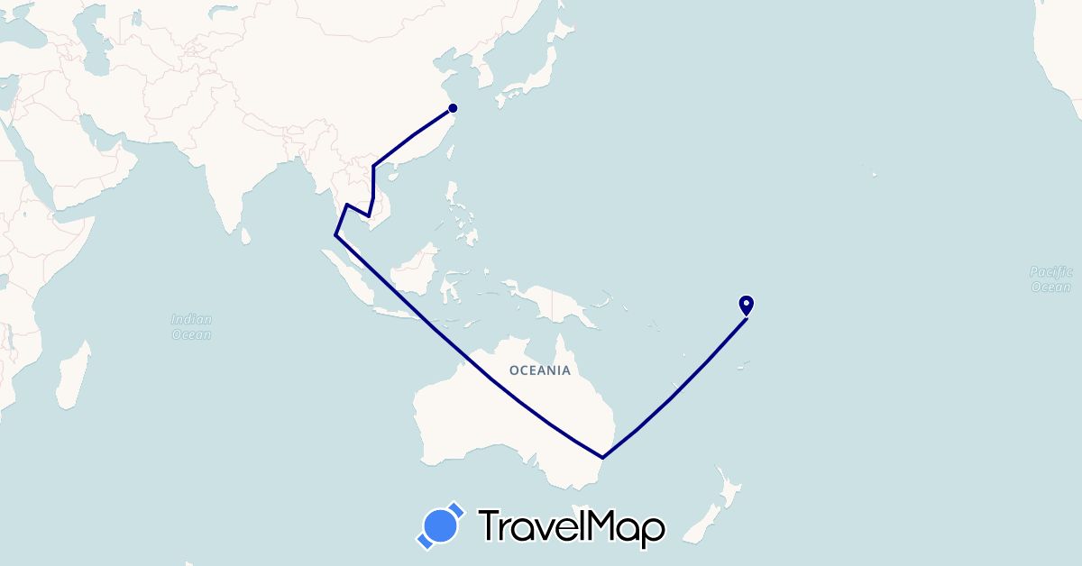 TravelMap itinerary: driving in Australia, China, Cambodia, Laos, Thailand, Tuvalu, Vietnam (Asia, Oceania)
